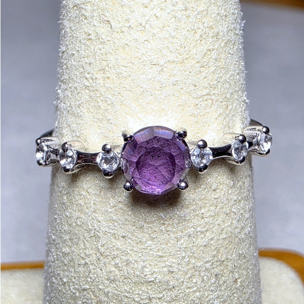 Size 7 Natural Amethyst & White Topaz 925 Sterling Silver Dainty Ring