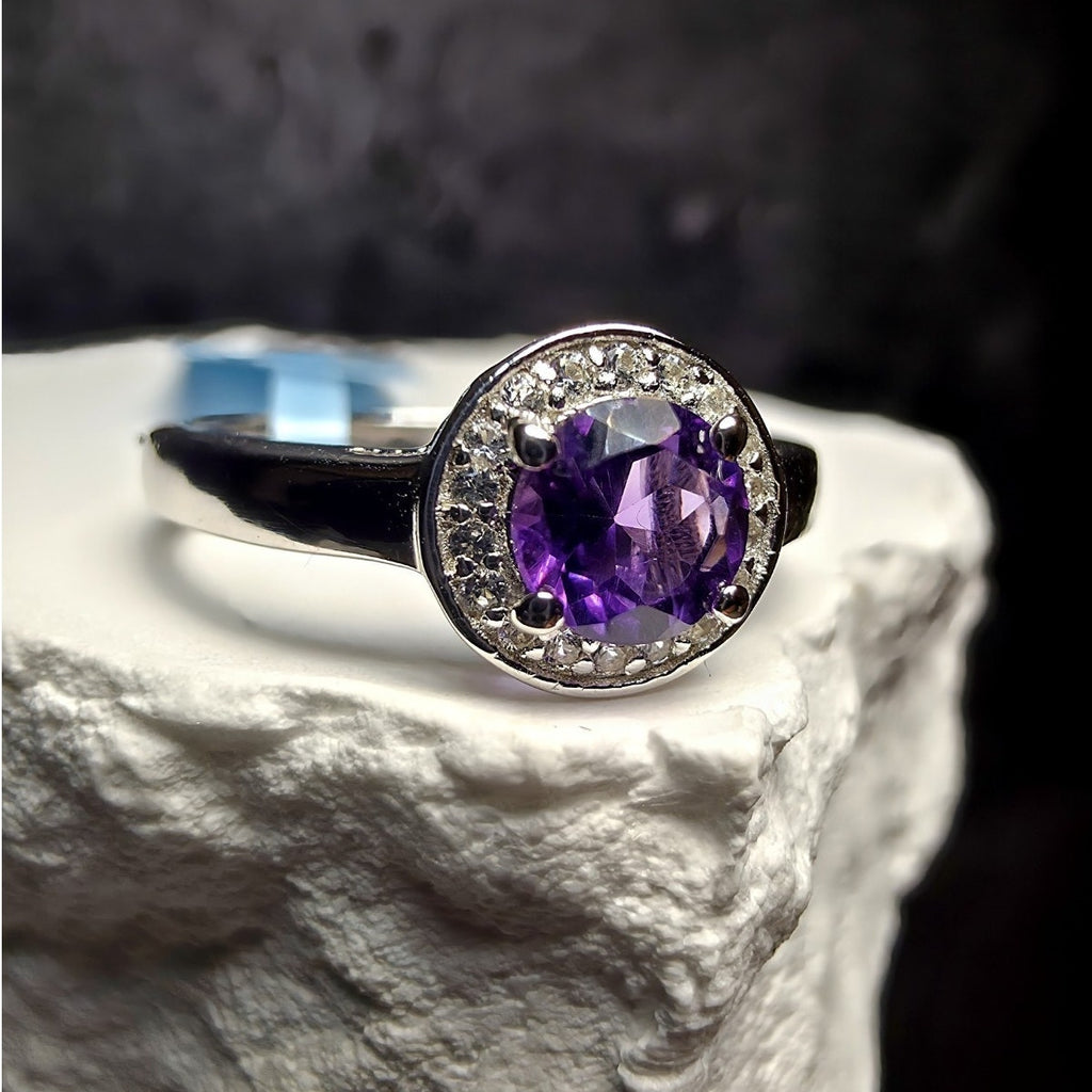 Size 6.5 Natural Amethyst & 0.52ctw Moissanite Halo Ring 925 Sterling Silver