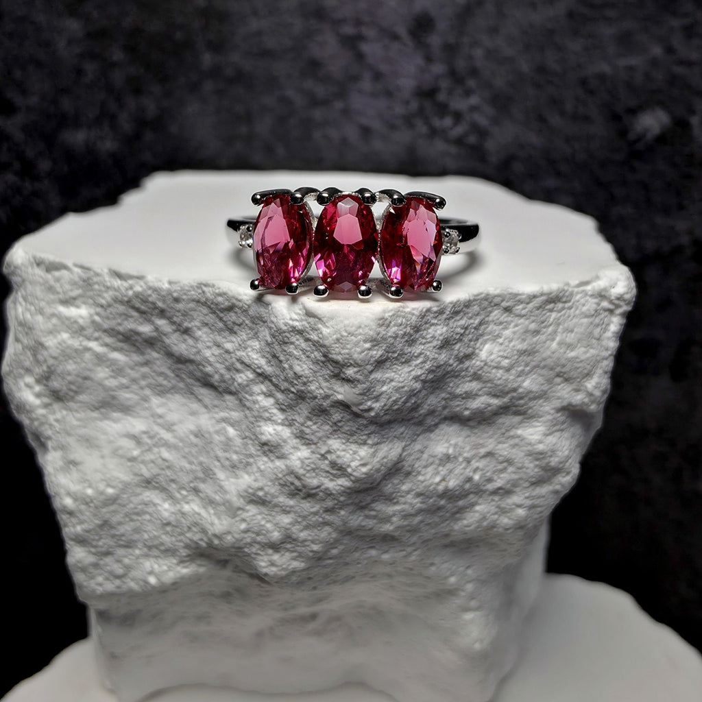 Natural Ruby Three-Stone Ring in 925 Sterling Silver – Size 7