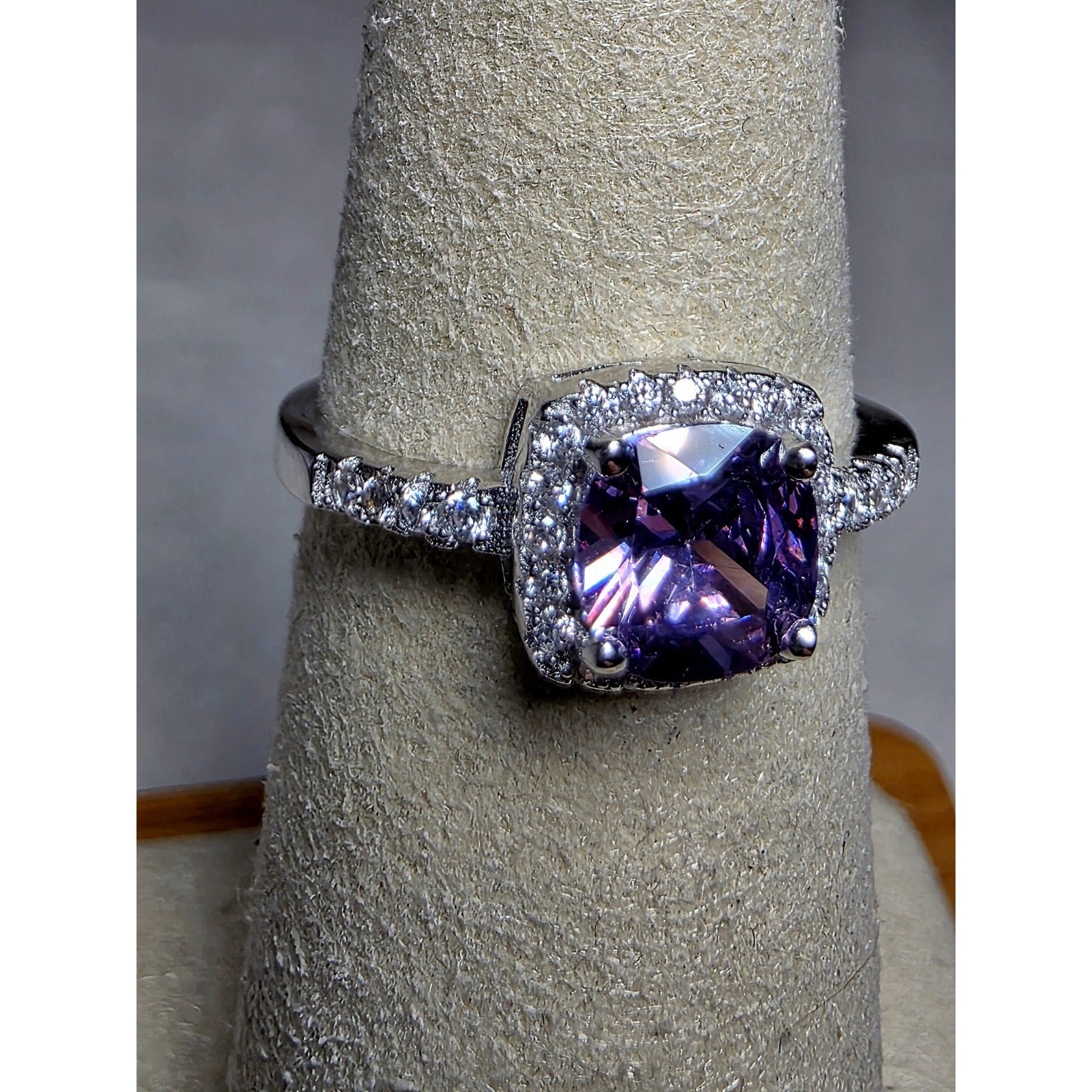 S6 Cushion Purple Amethyst Halo Moissanite Ring 925 Sterling Silver