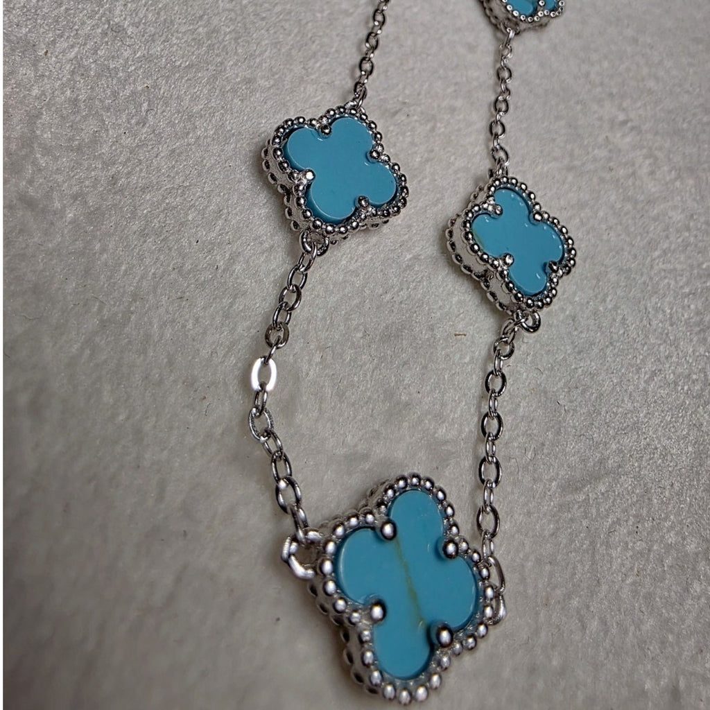 7+1" Genuine Turquoise Clover Station Bracelet (Adjustable 925 Sterling Silver)