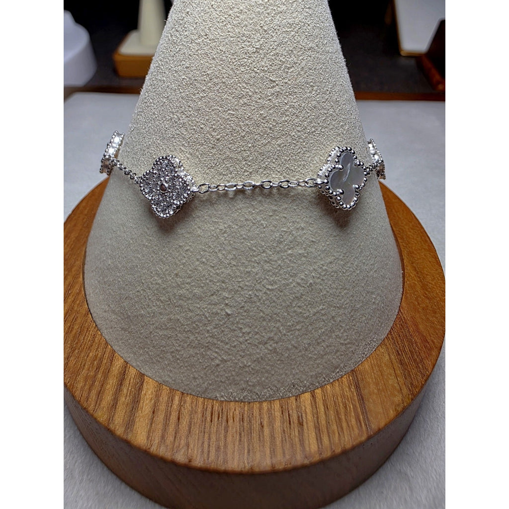 7-8" MOP & Moissanite Alternating Clover Station Bracelet Adjustable Stamped