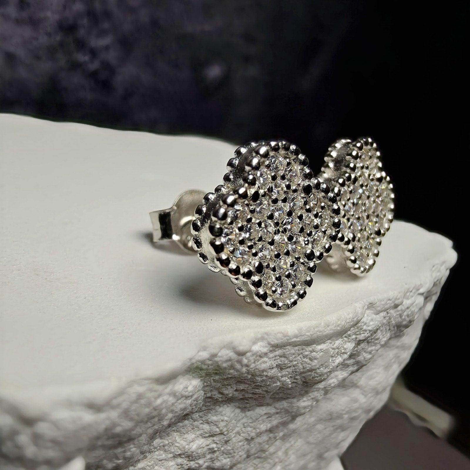 925 Sterling Silver 10mm CZ Four-Leaf Clover Stud Earrings w/Butterfly Back