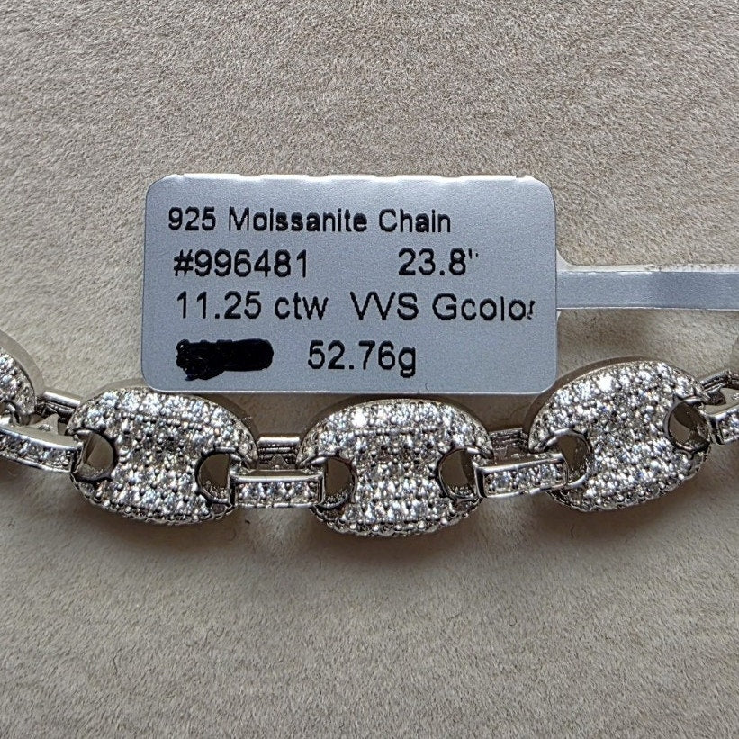 24" GRA Certified Moissanite Puffed Mariner Chain 8mm 52.5g 925 Silver 11.25ct