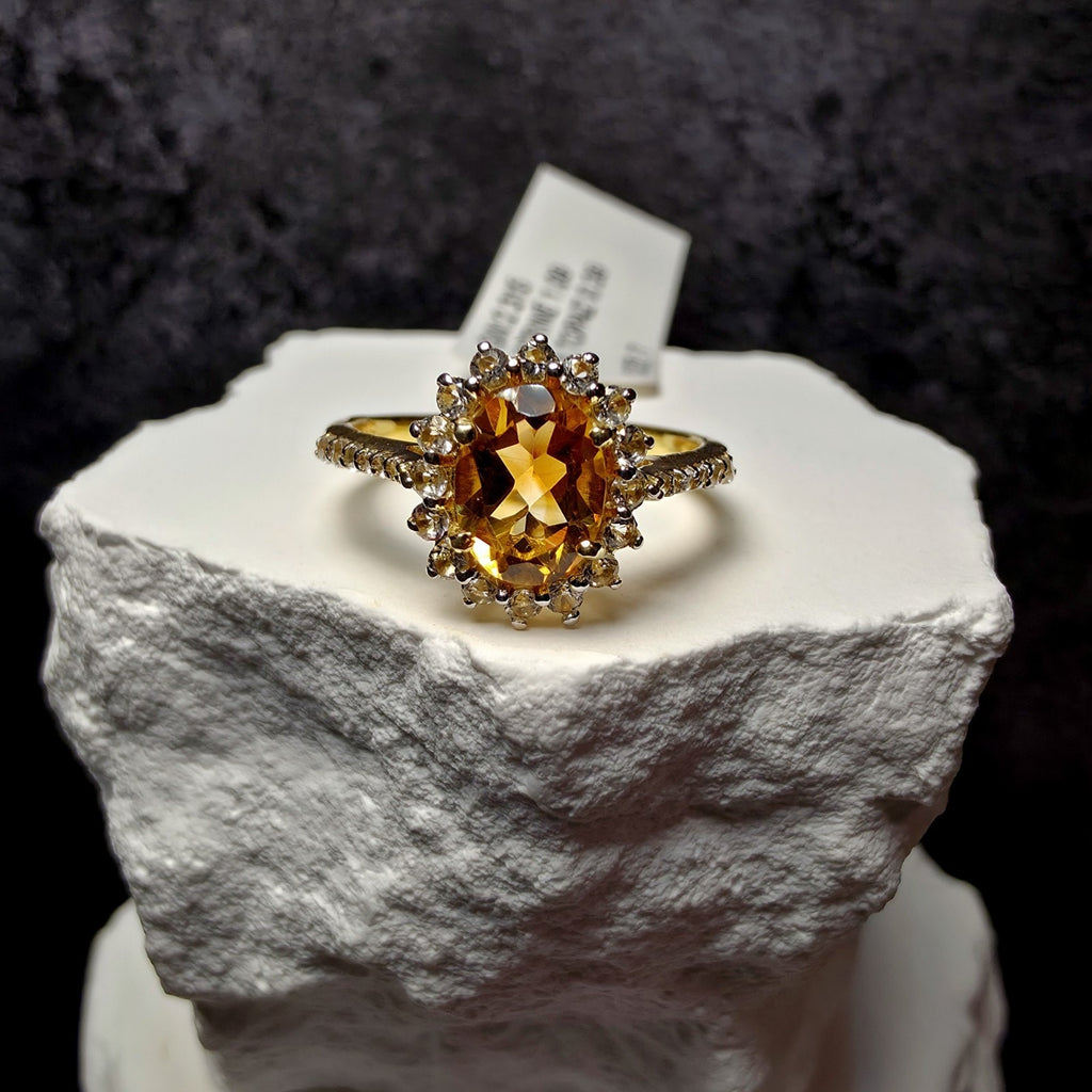 1.09 CT Oval Natural Citrine & White Topaz Halo Ring in Gold over Silver Size 7