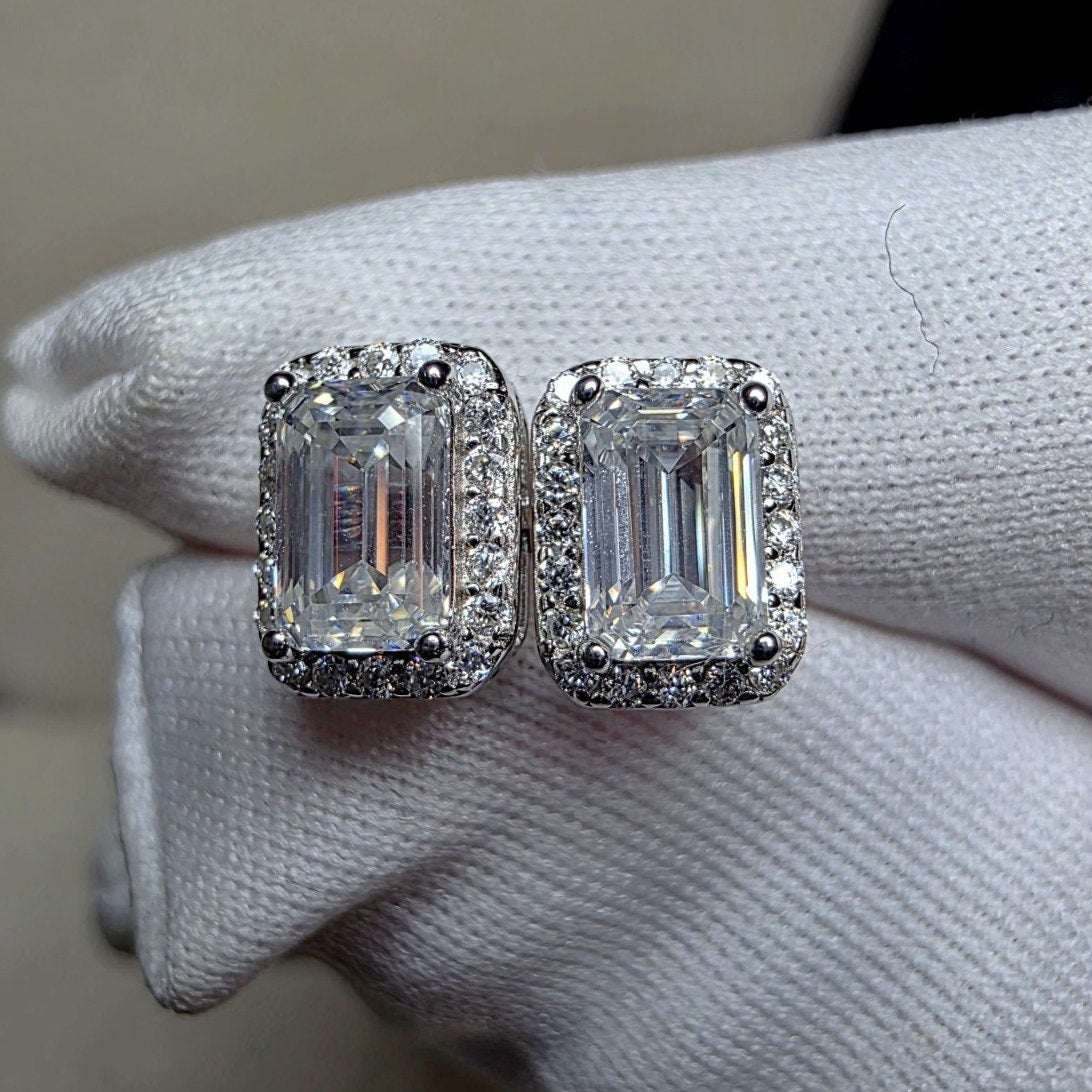 1.80ctw VVS Moissanite Baguette Halo Stud Earrings - 6.4mm, 925 Sterling Silver