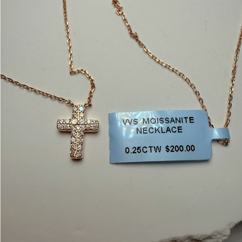 16+1" 0.25ctw VVS Moissanite Rose Gold Cross Necklace 925 Sterling Silver