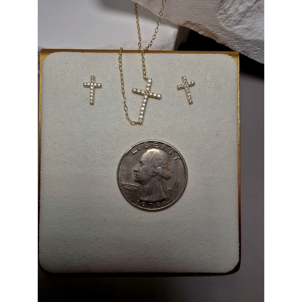 16+2" Gold Cross VVSD Moissanite Necklace & Earrings Bundle w/GRA Certificates
