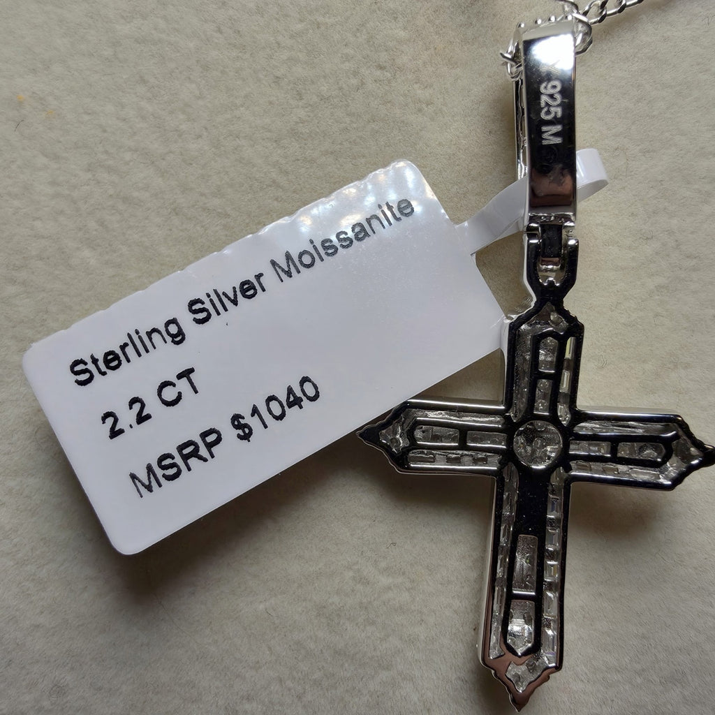 2.2CTW Moissanite Cross Pendant in 925 Sterling Silver | 24" 2mm Figaro Necklace