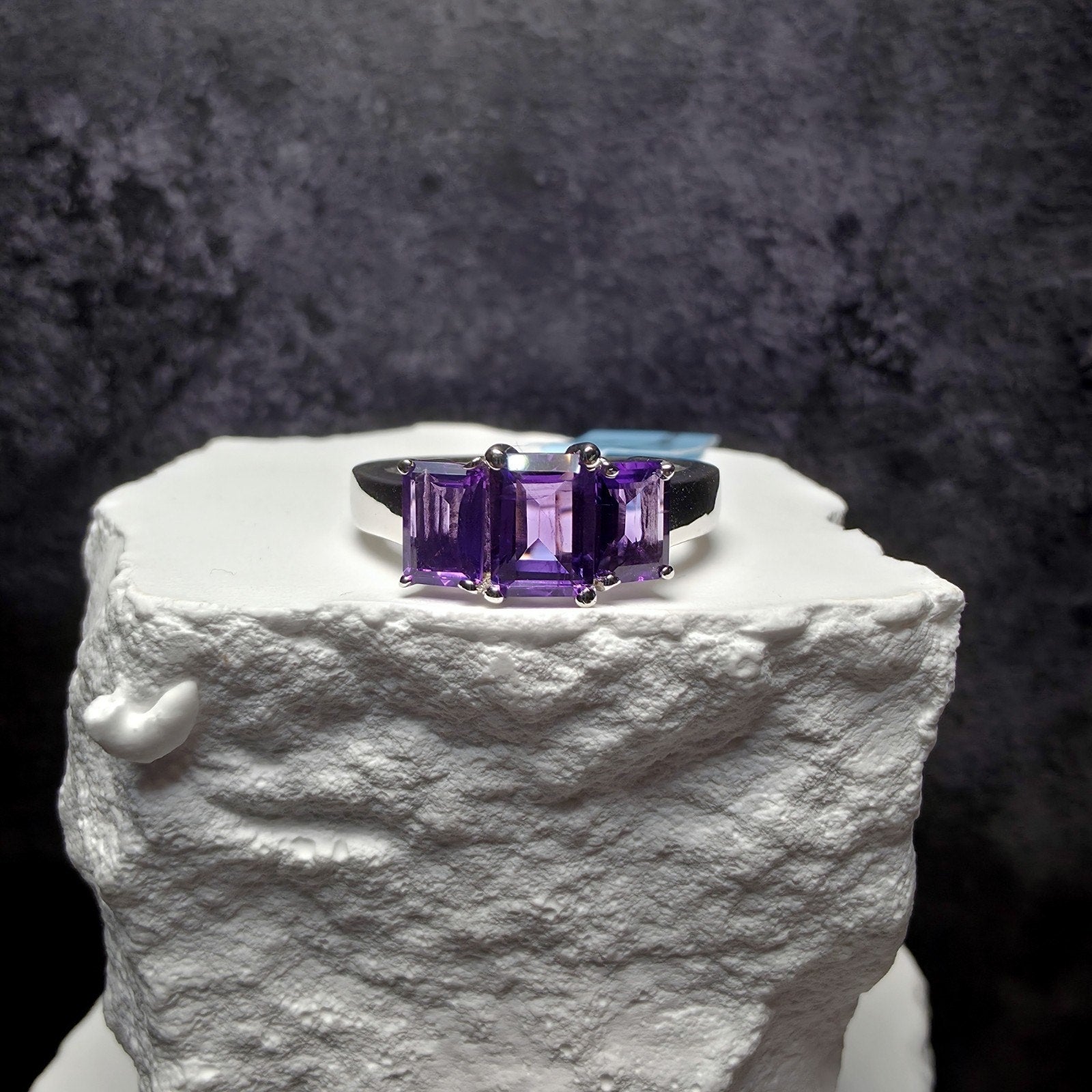 3-Stone Natural Purple Amethyst Ring 925 Sterling Silver Emerald Cut Size 8