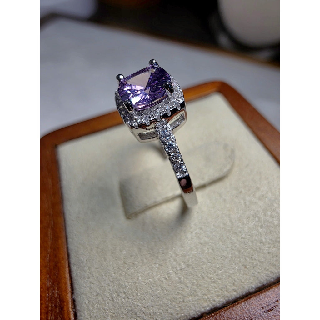 S6 Cushion Purple Amethyst Halo Moissanite Ring 925 Sterling Silver