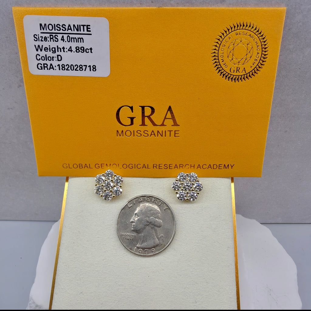12mm 4.89ctw VVS D Moissanite Honeycomb Cluster Studs Gold Over 925 Silver w/GRA