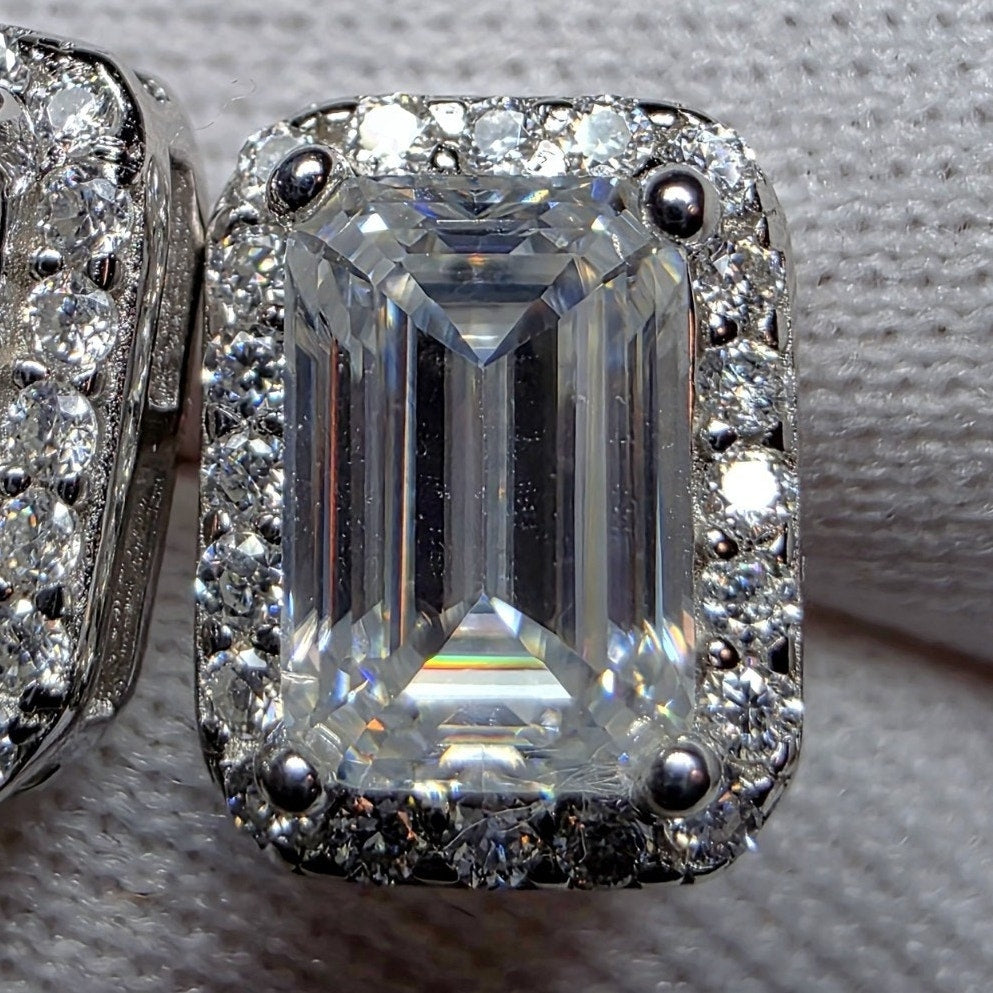 1.80ctw VVS Moissanite Baguette Halo Stud Earrings - 6.4mm, 925 Sterling Silver