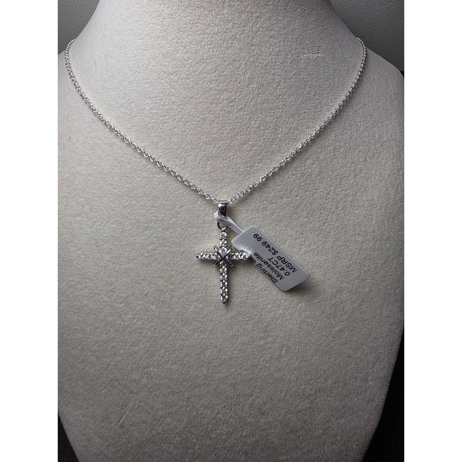 0.47CTW Moissanite Cross Pendant w/ 24" Rolo Necklace 925 Sterling Silver
