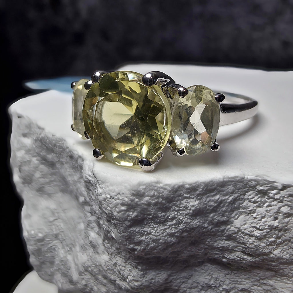 Natural Lemon Quartz 3-Stone Ring in 925 Sterling Silver – Size 8