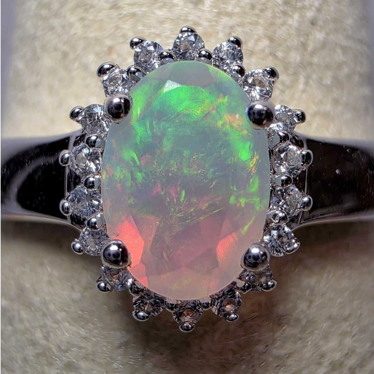 Size 7 Natural Ethiopian Opal 0.46ct Moissanite Halo Ring 925 Sterling Silver