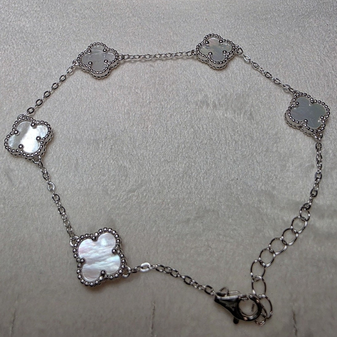 7+1" White Mother of Pearl Station 5-Clover Bracelet Solid 925 Sterling Silver
