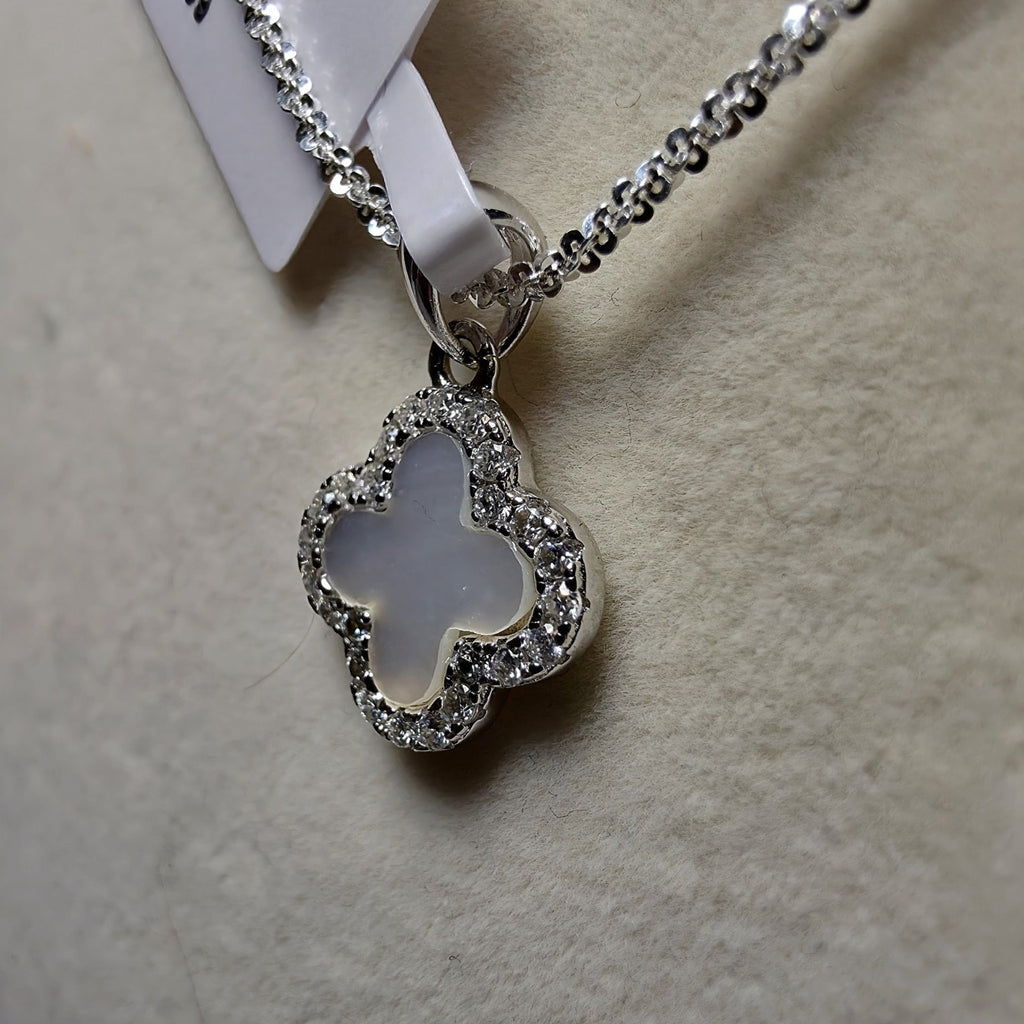 0.24CTW Moissanite & MOP Clover Pendant 18" Twisted Rock Necklace Silver