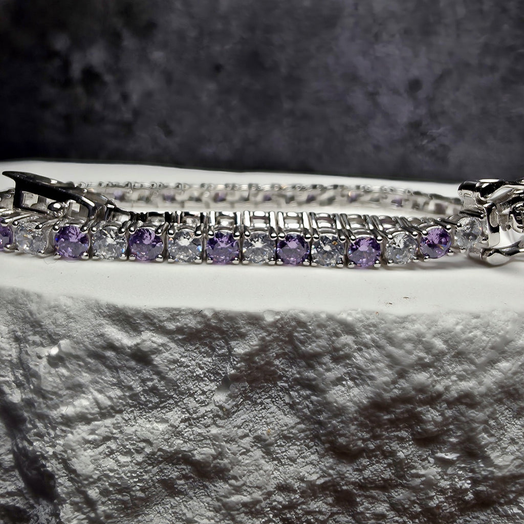 925 Sterling Silver Purple Amethyst & CZ Alternating Tennis Bracelet – 7" 3.3mm
