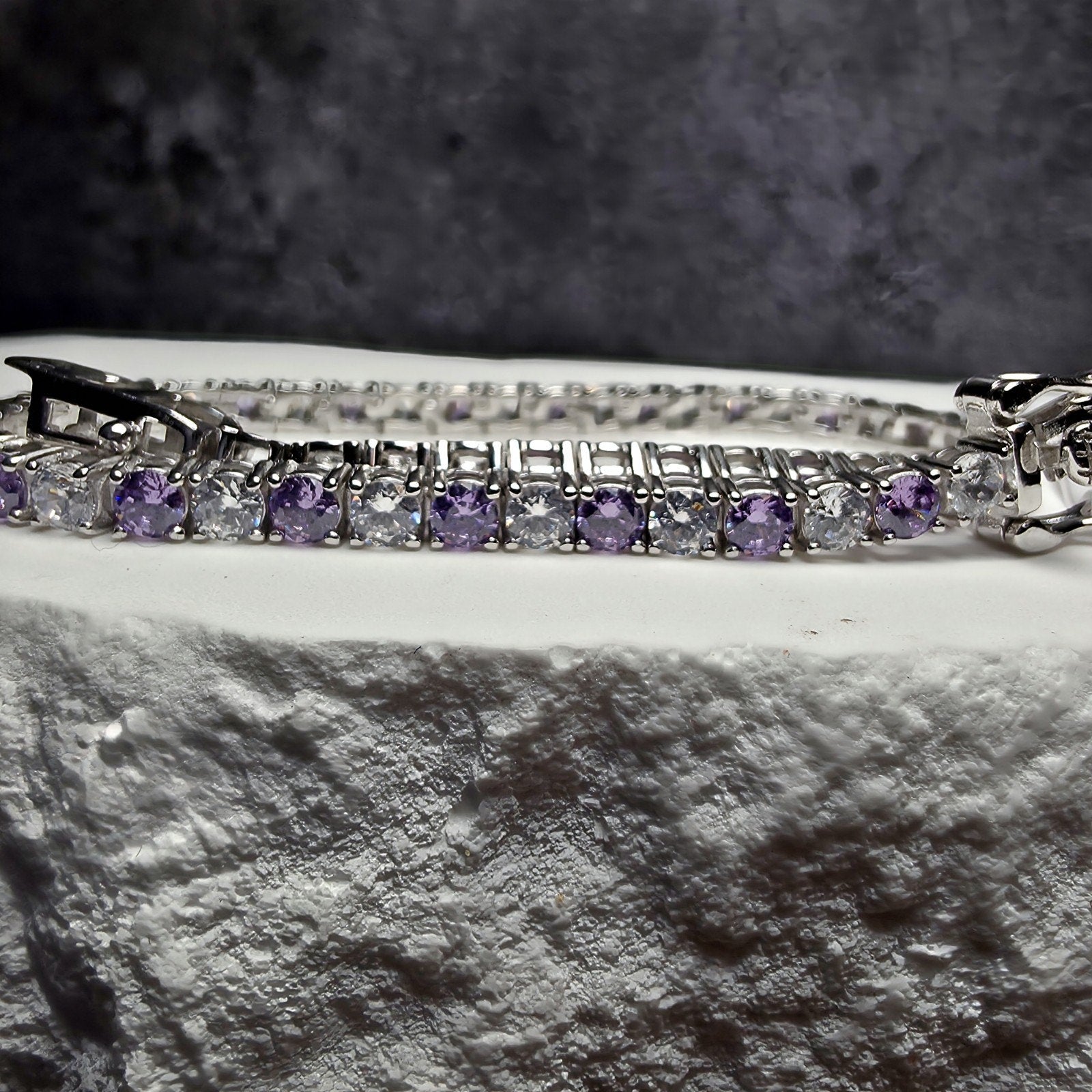 925 Sterling Silver Purple Amethyst & CZ Alternating Tennis Bracelet – 7" 3.3mm