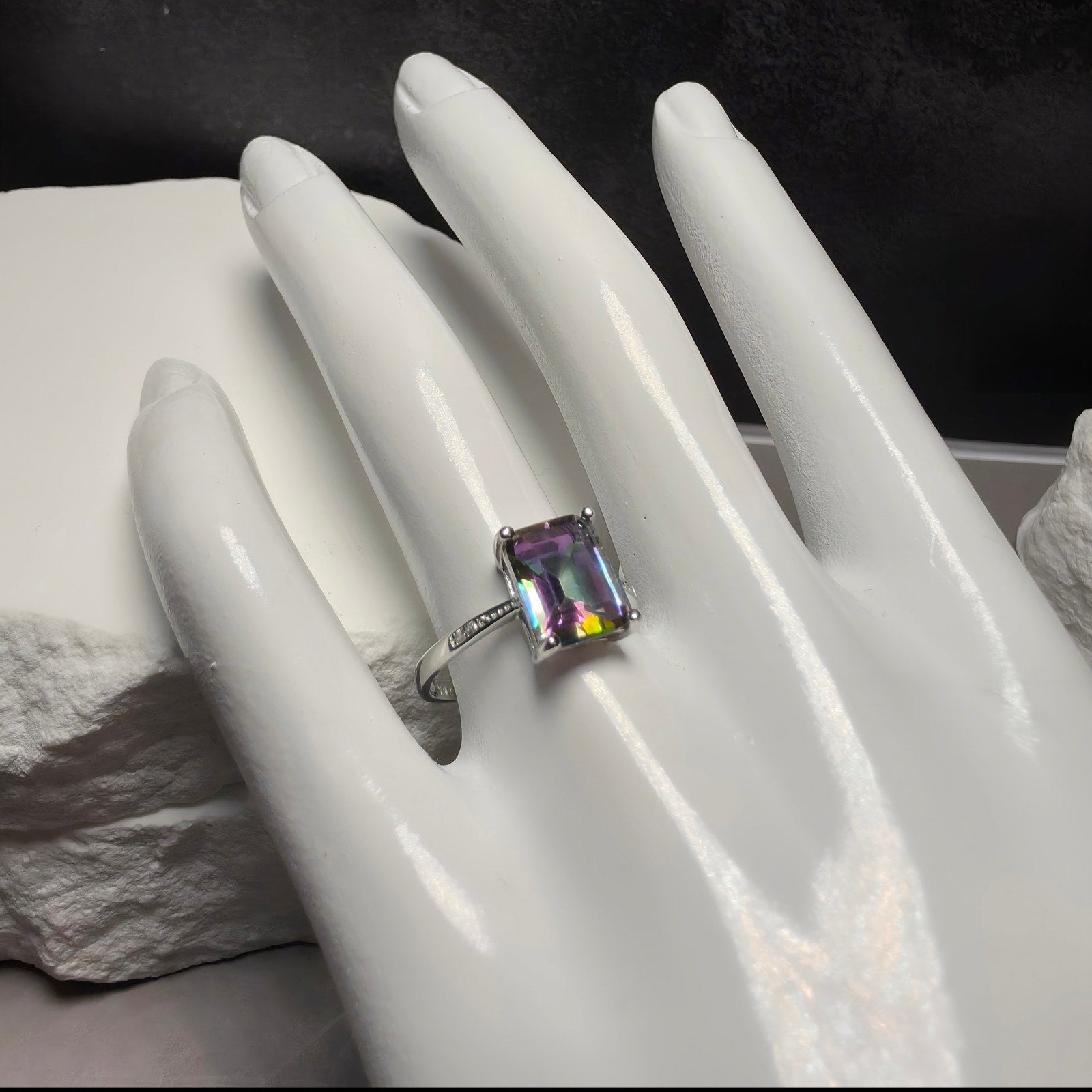 Genuine Oval Mystic Topaz Solitaire Ring in 925 Sterling Silver – Size 8