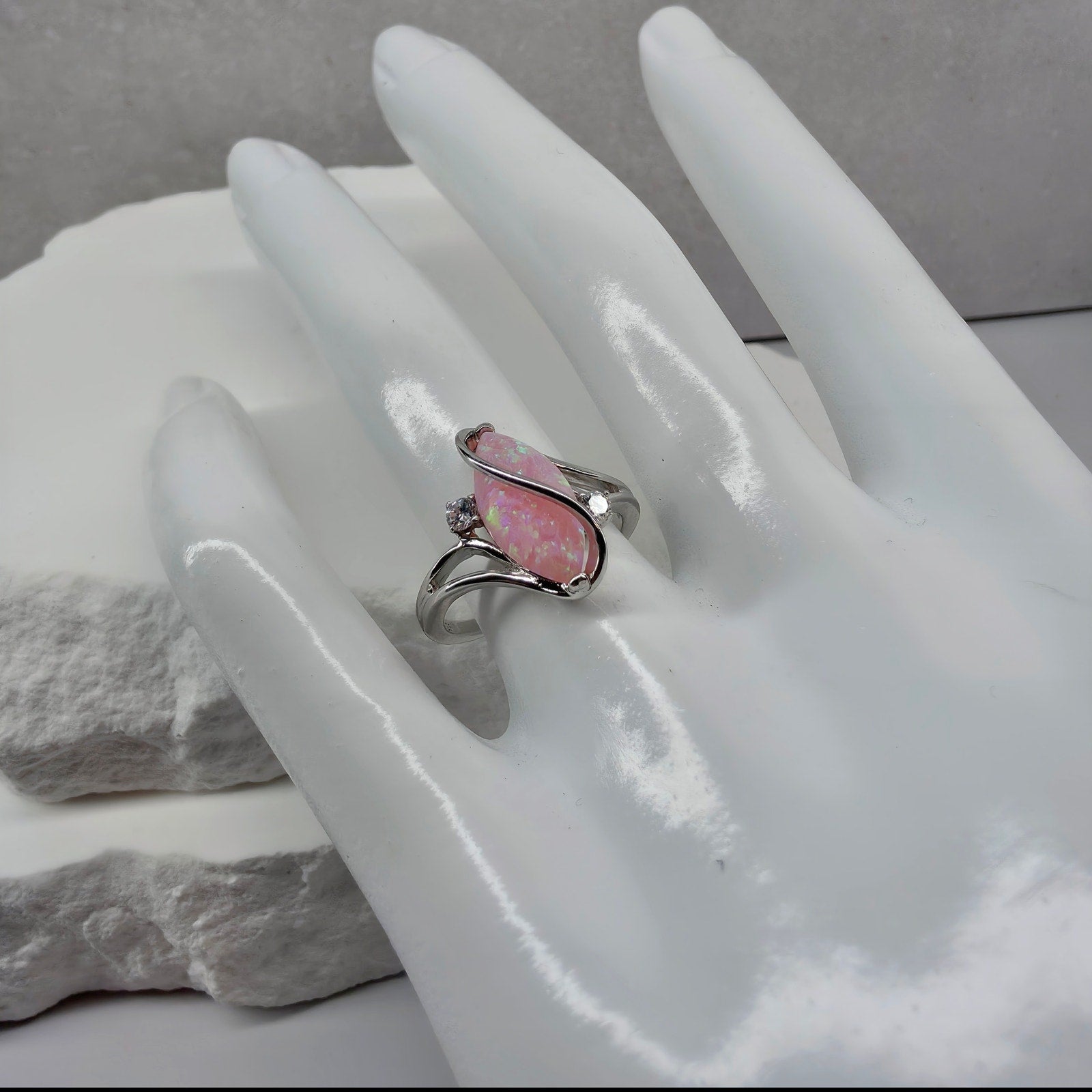 Size 7 Marquise Pink Fire Opal Ribbon Bypass Ring in Solid 925 Sterling Silver