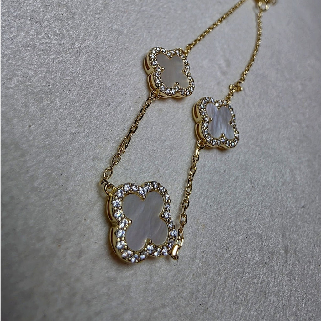 Mother of Pearl & 0.44ctw Moissanite Clover Bracelet | Gold over Silver (7-8")