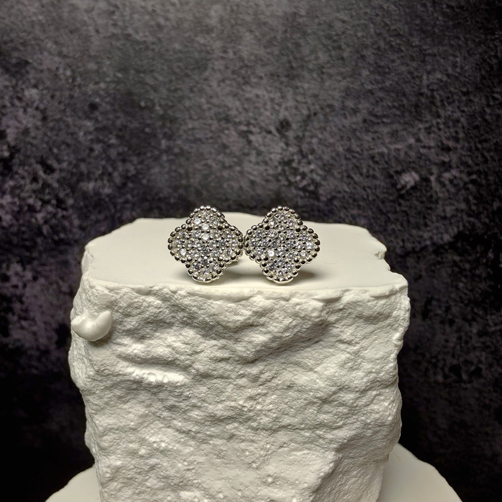 925 Sterling Silver 10mm CZ Four-Leaf Clover Stud Earrings w/Butterfly Back