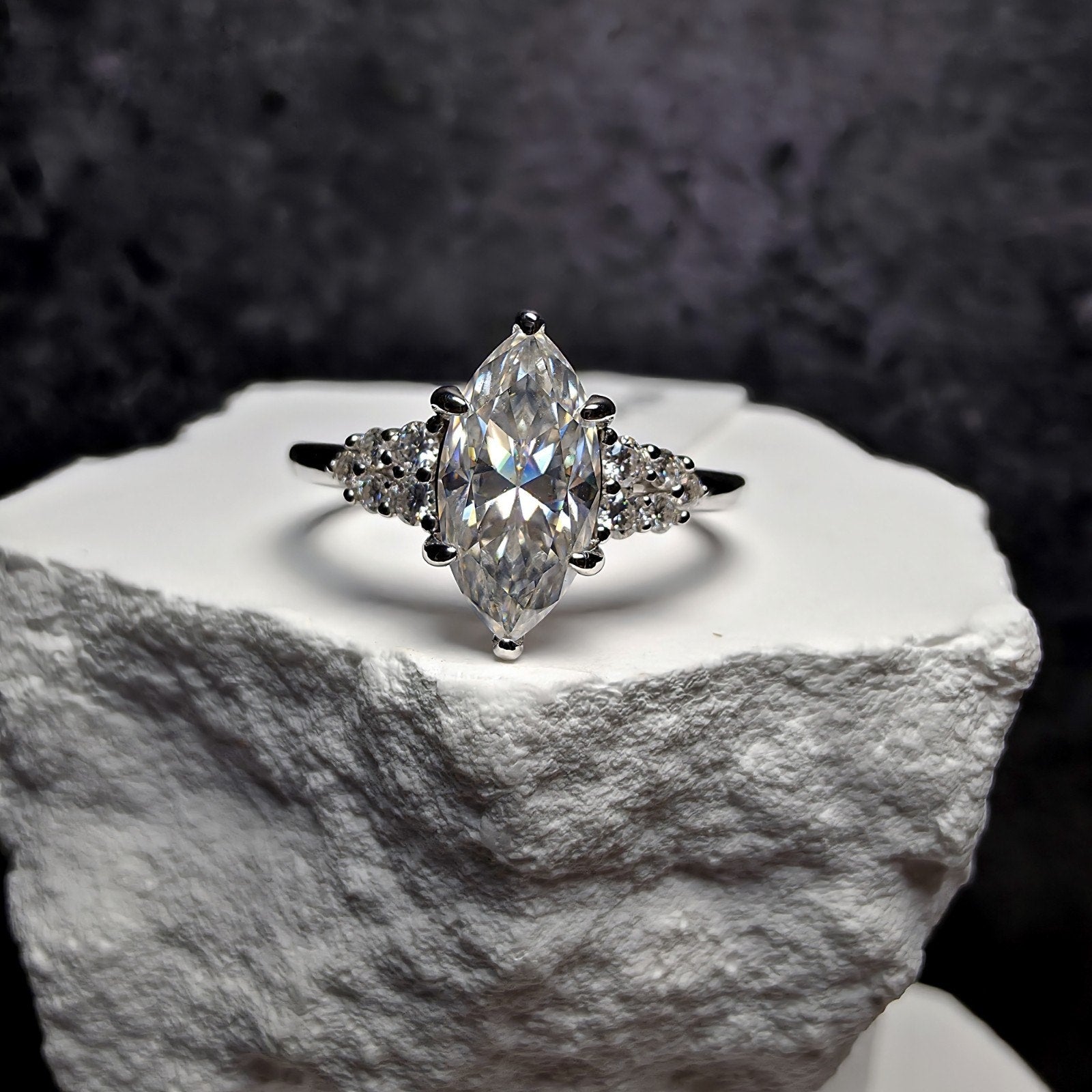 1.68Ctw D Color VVS1 Marquise Moissanite Solitaire Ring with Accents | Size 7