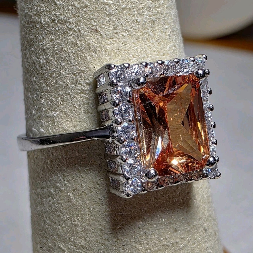 S7 Citrine Gemstone w/Moissanite Halo Ring 925 Sterling Silver