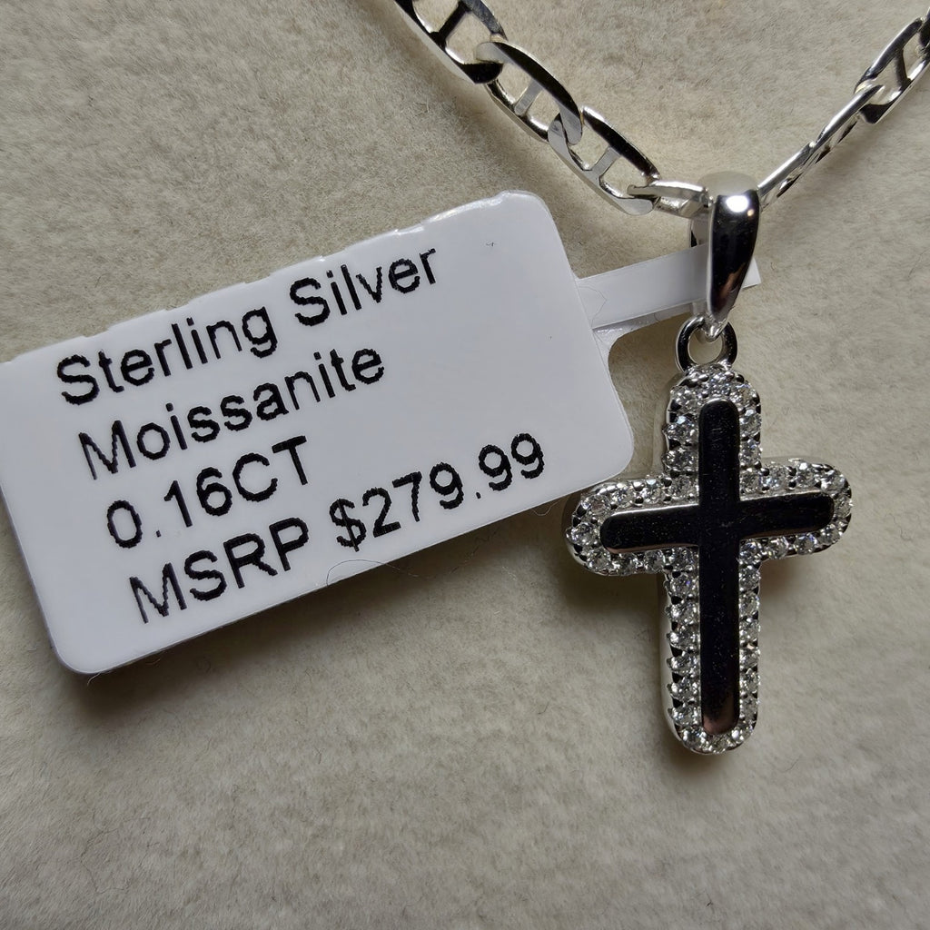 0.16 ctw Moissanite Cross Pendant, 2.7mm Mariner Necklace 18" in 925 Sterling Silver