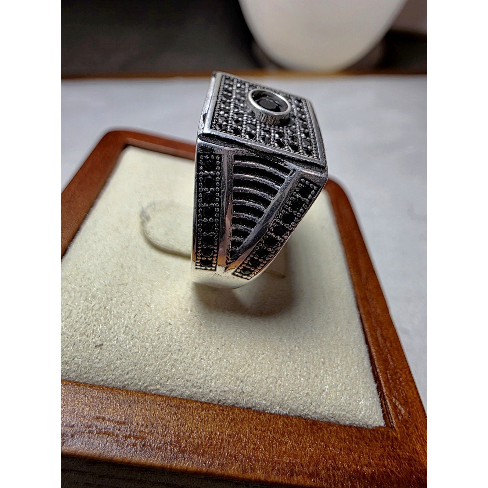 S10 Black Onyx Pavé Signet Ring 925 Sterling Silver Stamped