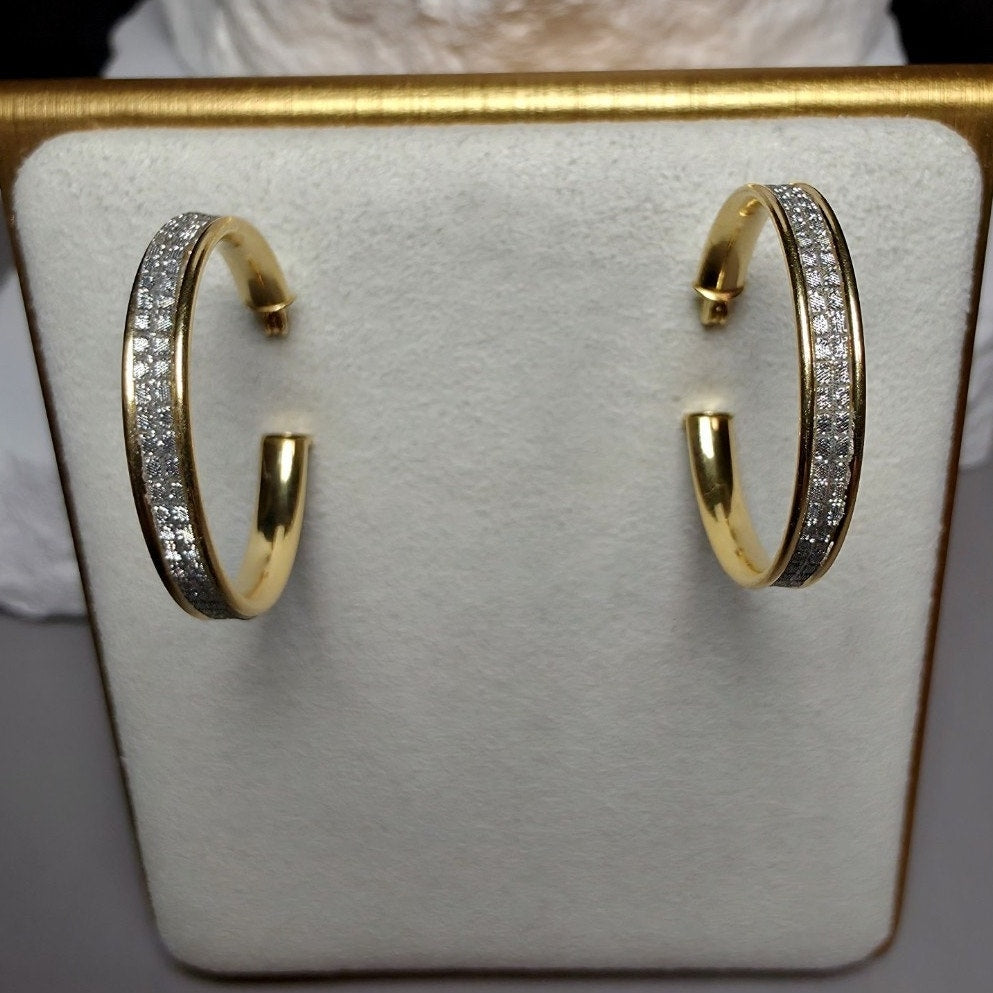 Crystal Dust Pave Hoop Earrings Gold Plated 925 Sterling Silver