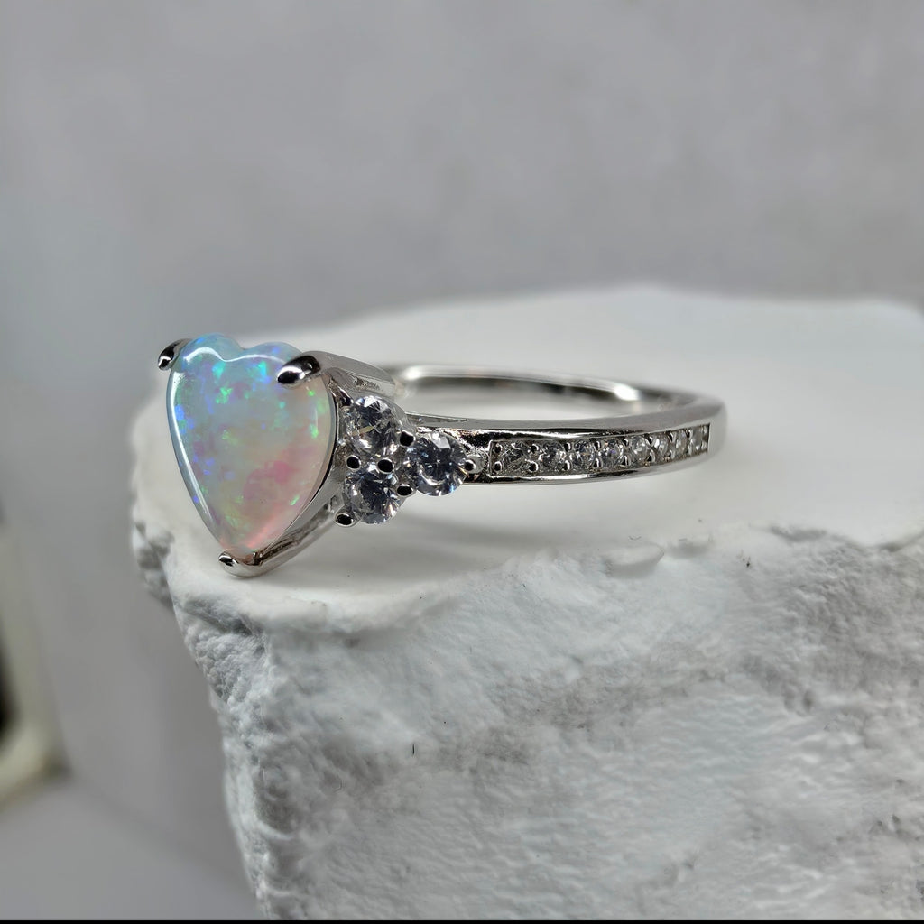 925 Sterling Silver Lab Opal Heart Ring with CZ Accents – Size 7