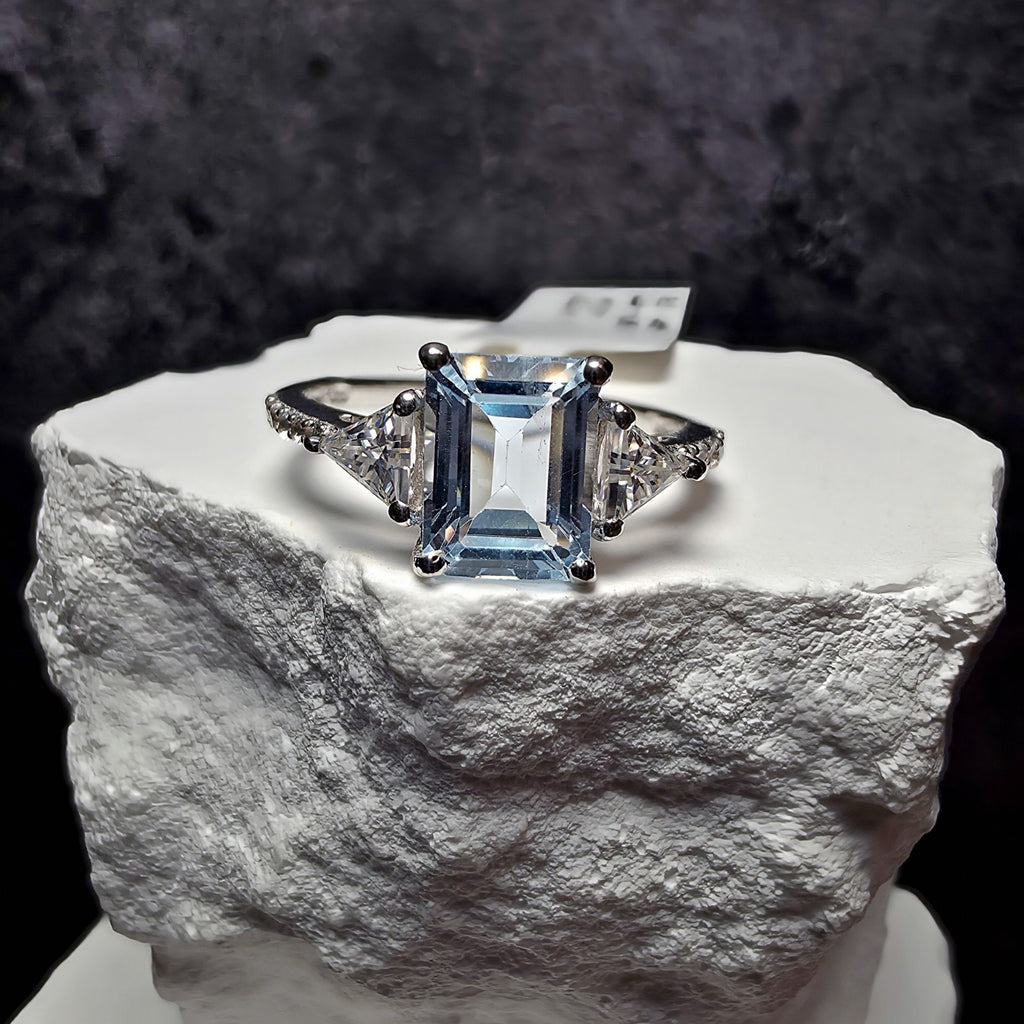 Natural Aquamarine Ring 1.85CT Emerald Cut with Moissanite & White Topaz Size 8