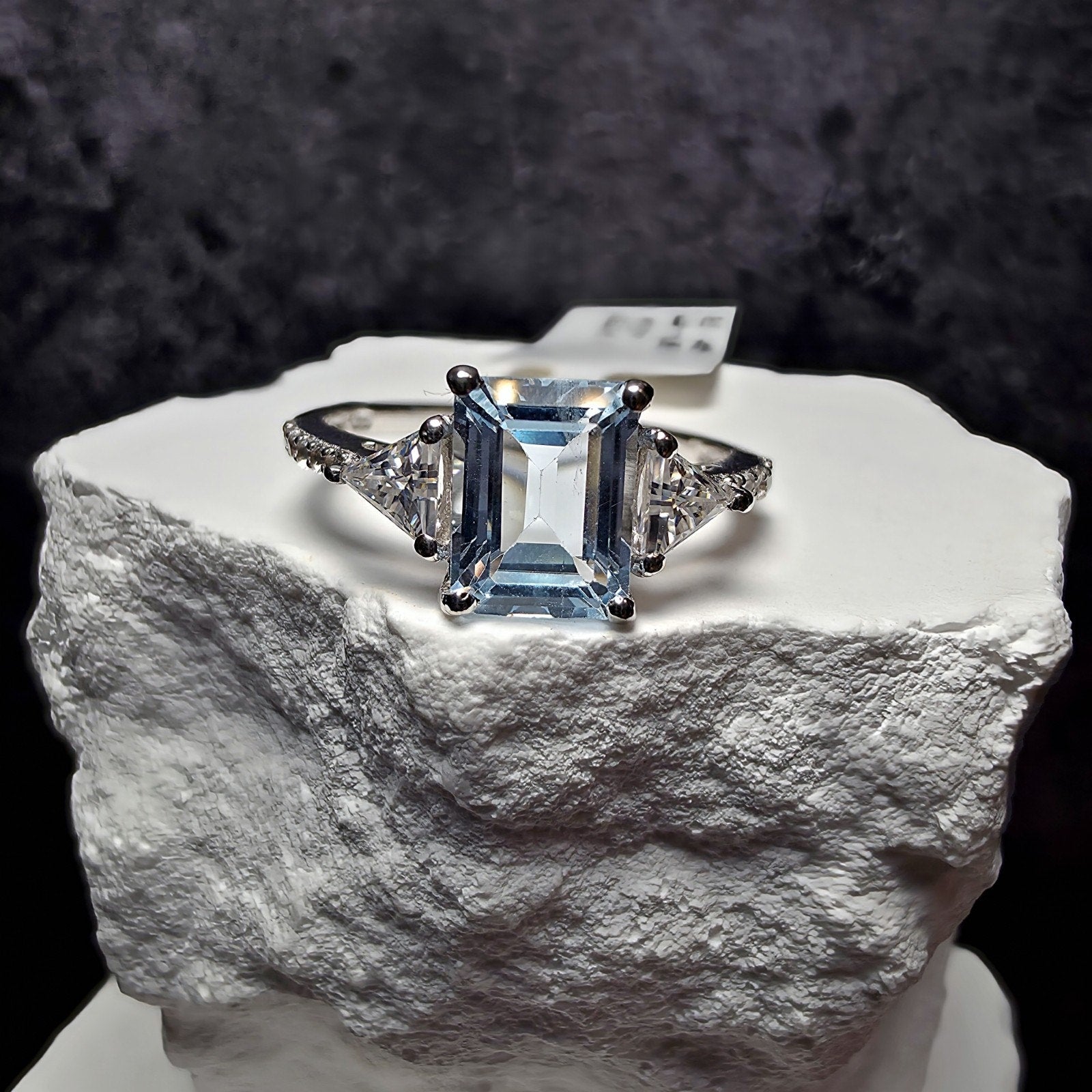 Natural Aquamarine Ring 1.85CT Emerald Cut with Moissanite & White Topaz Size 8