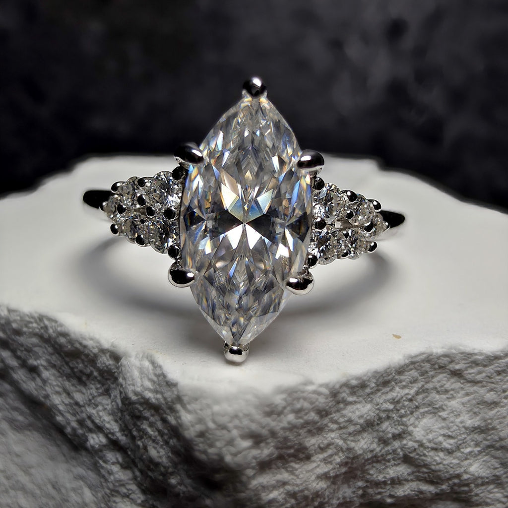 1.68Ctw D Color VVS1 Marquise Moissanite Solitaire Ring with Accents | Size 7