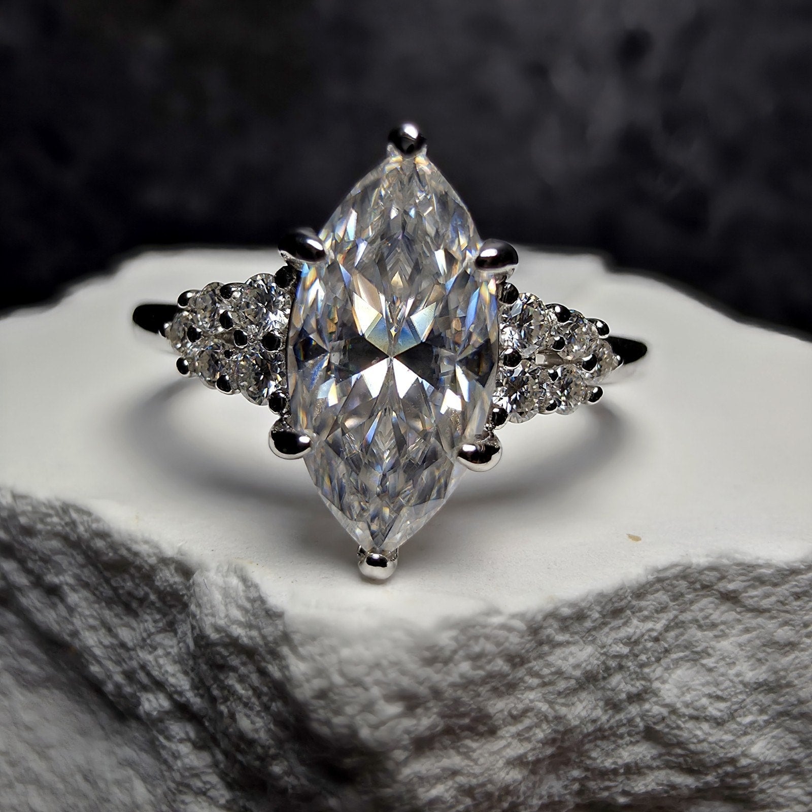 1.68Ctw D Color VVS1 Marquise Moissanite Solitaire Ring with Accents | Size 7