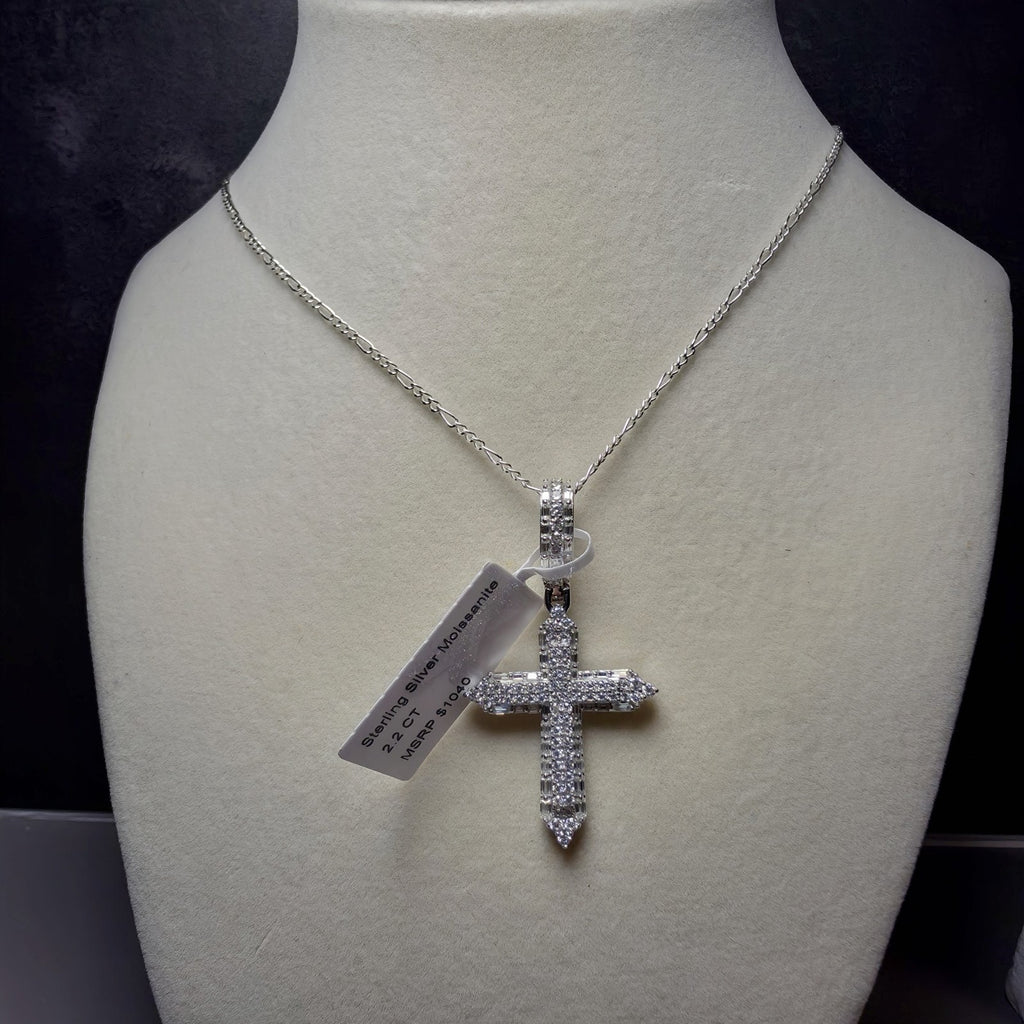 2.2CTW Moissanite Cross Pendant in 925 Sterling Silver | 24" 2mm Figaro Necklace