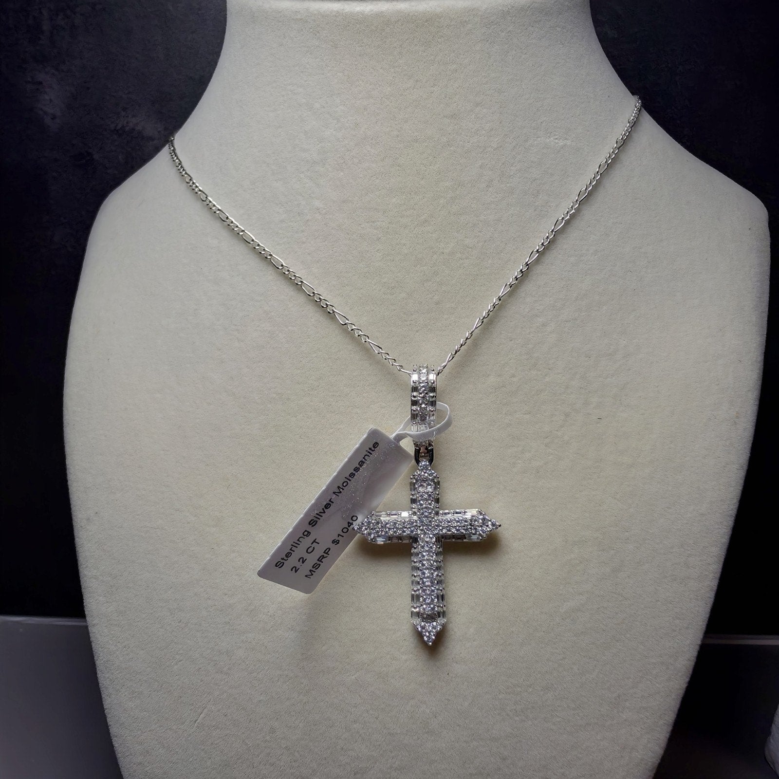 2.2CTW Moissanite Cross Pendant in 925 Sterling Silver | 24" 2mm Figaro Necklace