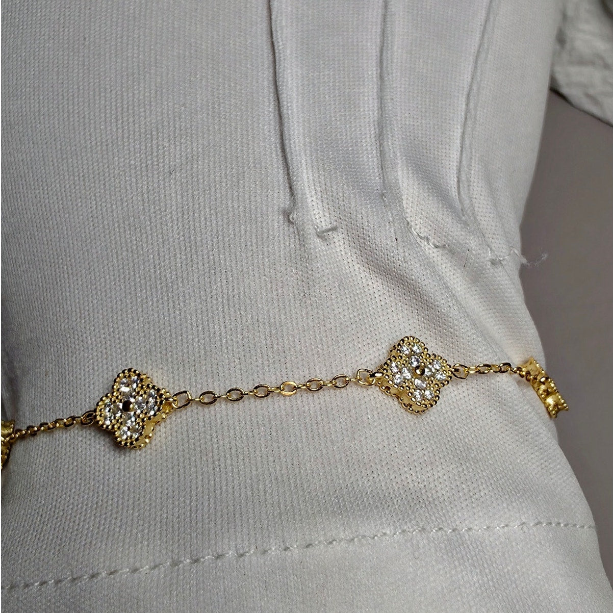 Gold 925 Silver Pave CZ Cluster 5 Station Clover Bracelet Adjustable 7-8"