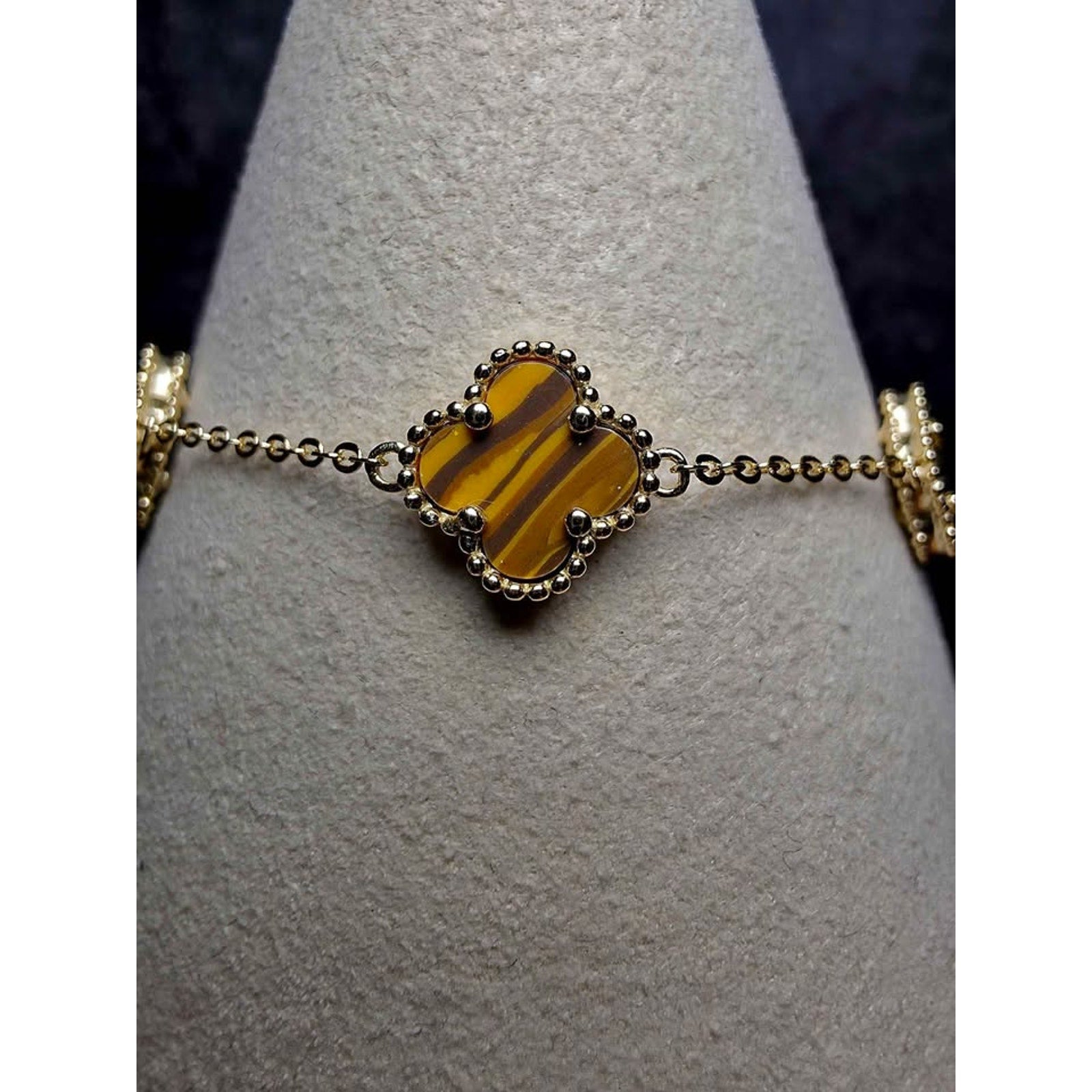7+1" Genuine Tigers Eye Clover Bracelet Gold over Solid 925 Sterling Silver