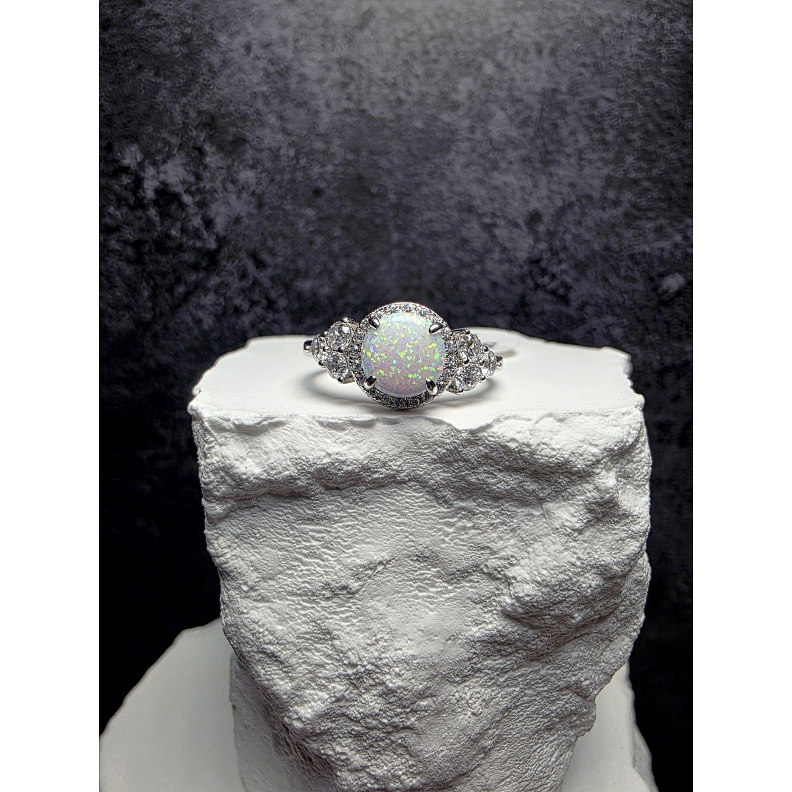 S7 Fire Opal w/ Moissanite Halo Ring 925 Sterling Silver