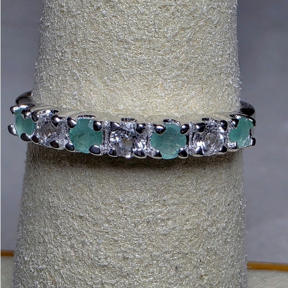 Size 7 Natural Emerald & 0.46ctw Moissanite Half Eternity Band 925 Silver Ring