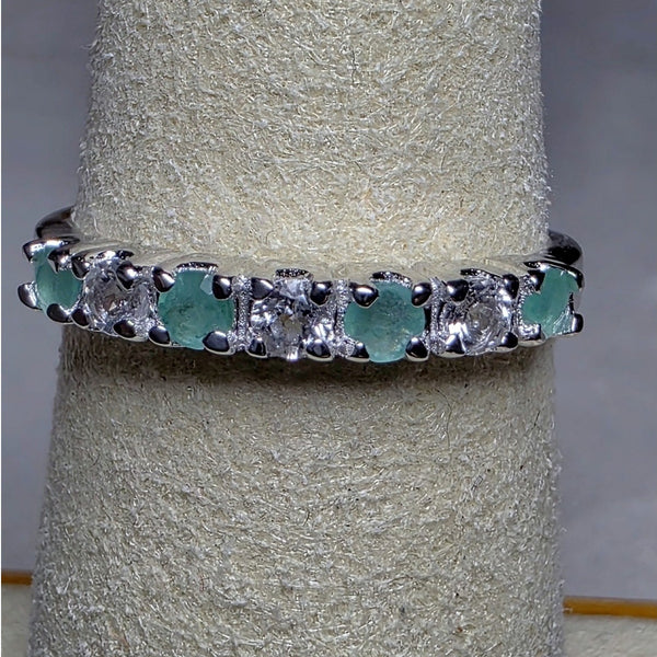 Size 7 Natural Emerald & 0.46ctw Moissanite Half Eternity Band 925 Silver Ring