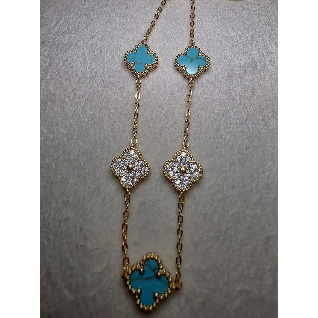 7-8" Turquoise & Moissanite Alternating Clover Bracelet Gold over 925 Sterling Silver