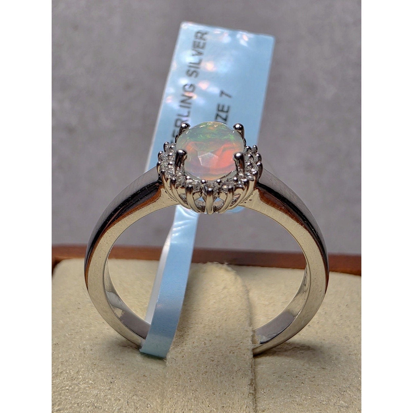 S7 Natural Ethiopian Opal w/0.46ctw Moissanite Halo Ring 925 Sterling Silver