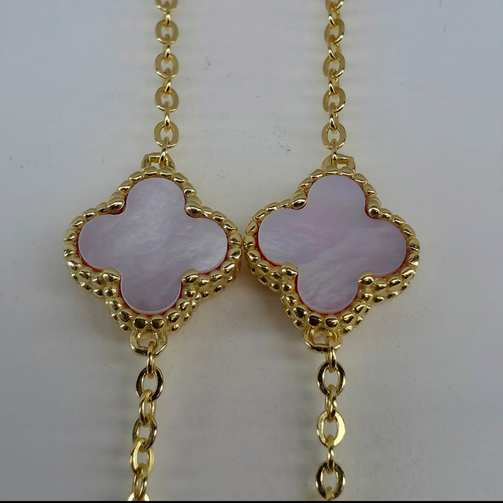 16-18" Pink Mother of Pearl 5-Motif Clover Necklace - Gold over Silver