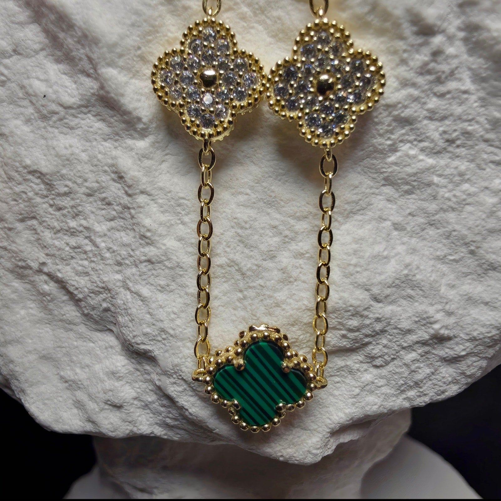 7+1" Green Malachite Alternating Clover Bracelet Gold Plated 925 Sterling Silver