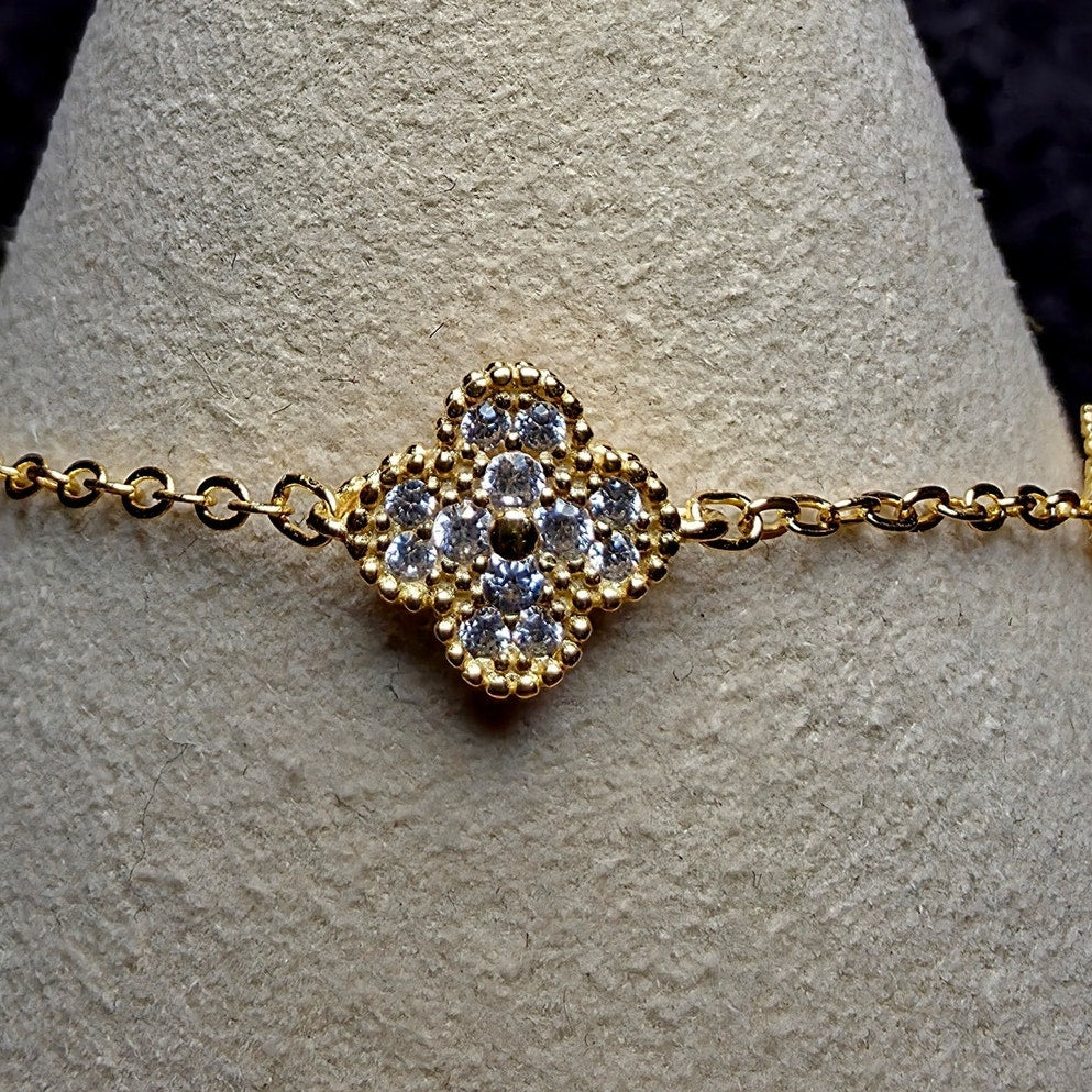 Gold 925 Silver Pave CZ Cluster 5 Station Clover Bracelet Adjustable 7-8"